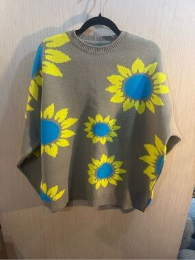 Mens ASOS Design Tan Crewneck Sweater with Yellow Sunflowers and Blue Centers